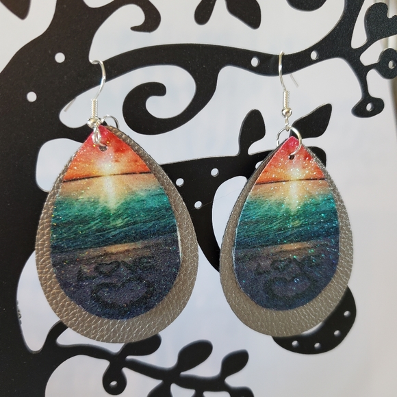 Ocean Sunset Faux Leather Teardrop Earrings - Picture 9 of 13